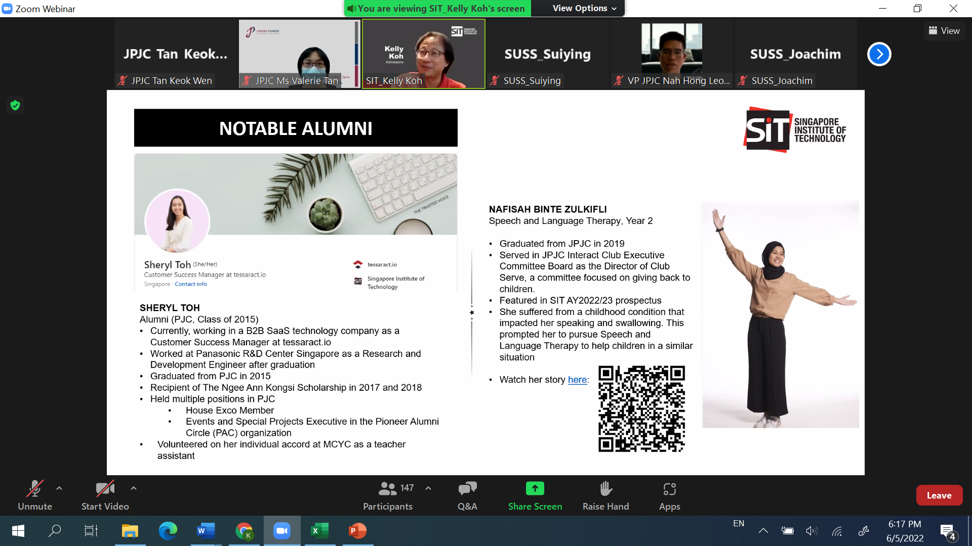 Zoom webinar screen showing a Notable Alumni slide from Singapore Institute of Technology with profiles of two alumni.